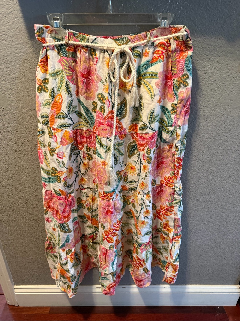 Rachel Zoe Floral Linen Midi Skirt Boho Tiered Drawstring Small